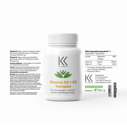 Vitamin D3 + K2 Komplex hochdosiert –  90 Kapseln