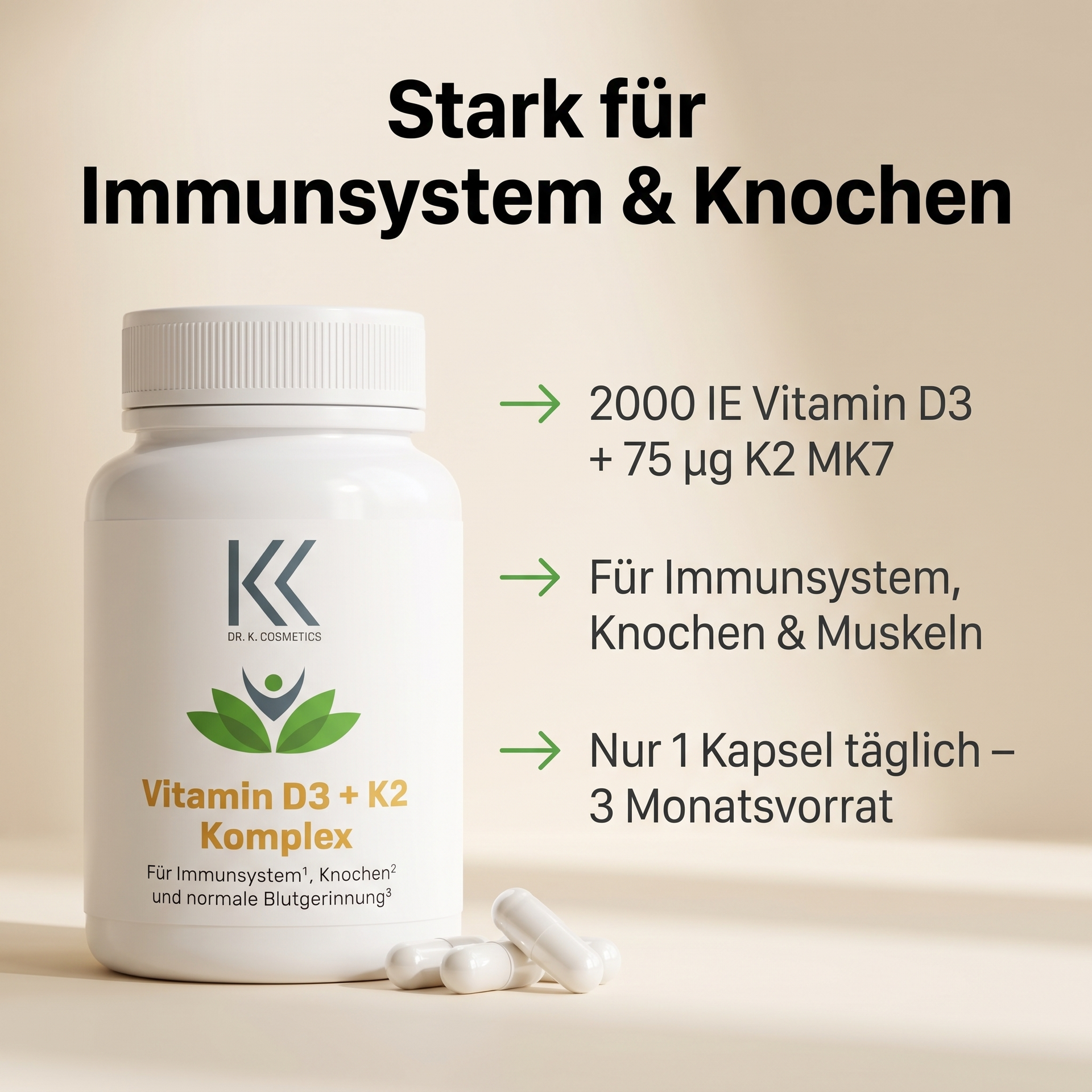 Vitamin D3 + K2 Komplex hochdosiert –  90 Kapseln