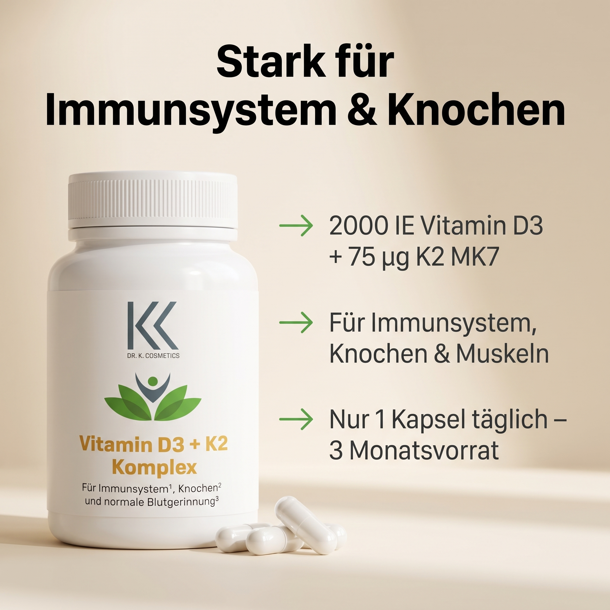 Vitamin D3 + K2 Komplex hochdosiert –  90 Kapseln